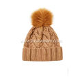 Girl's Knitted Cable Faux Fur Pompom Beanie Cap